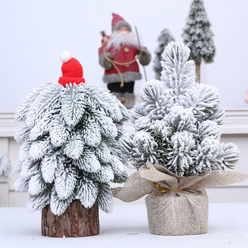 Snow Dusted Christmas Tree Desk Decoration With Wood 20cm Height For Living Room Bedroom Tabletop Decoration