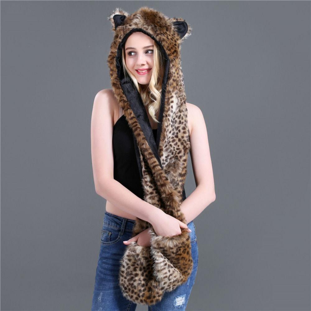 Warm Winter Cap 3 in1 Plush Hooded Windproof Animal Hat Unisex