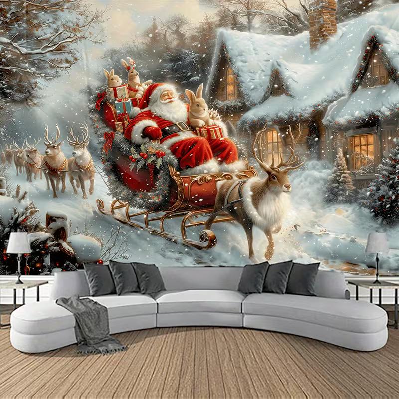2D Festive Tapestry with Santa Claus, Reindeer, Snowy Cottage and Christmas Magic 47.2x31.5inch/120*80cm