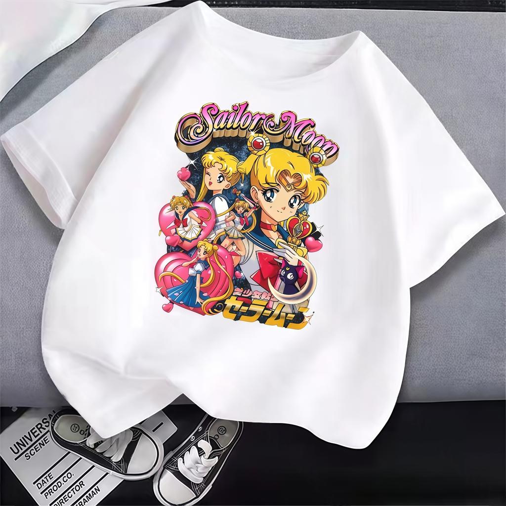 Sailor Moon White T Shirt Clothes for Girls Tops Cartoon Kawaii Fashion Clothing Summer Cute Short Sleeve Tee New Birthday Gifts