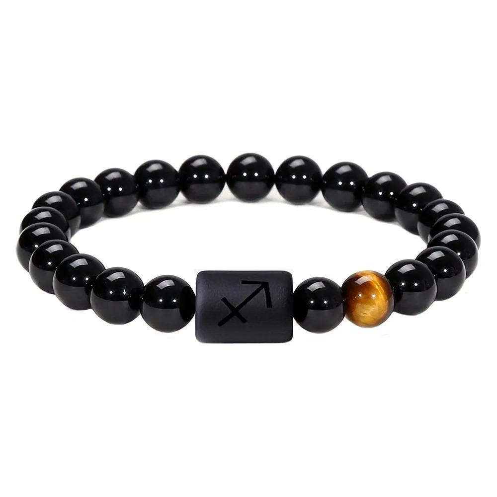 Sternzeichen Armband für Männer 8mm Naturstein Schwarzer Onyx Tigerauge Stein Sternzeichen Konstellation Freundschaft Gebet Segnung Armband Geschenke