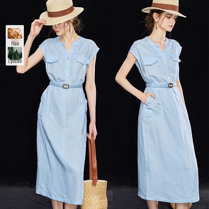 Women s Linen Blend Sleeveless V-Neck Belted Midi Dress L
