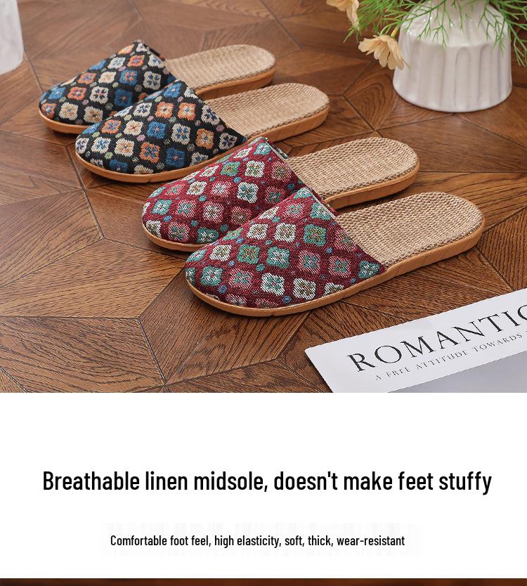 Women's Ethnic Floral Linen Sandals - Breathable Toe-Cover Slippers for Home