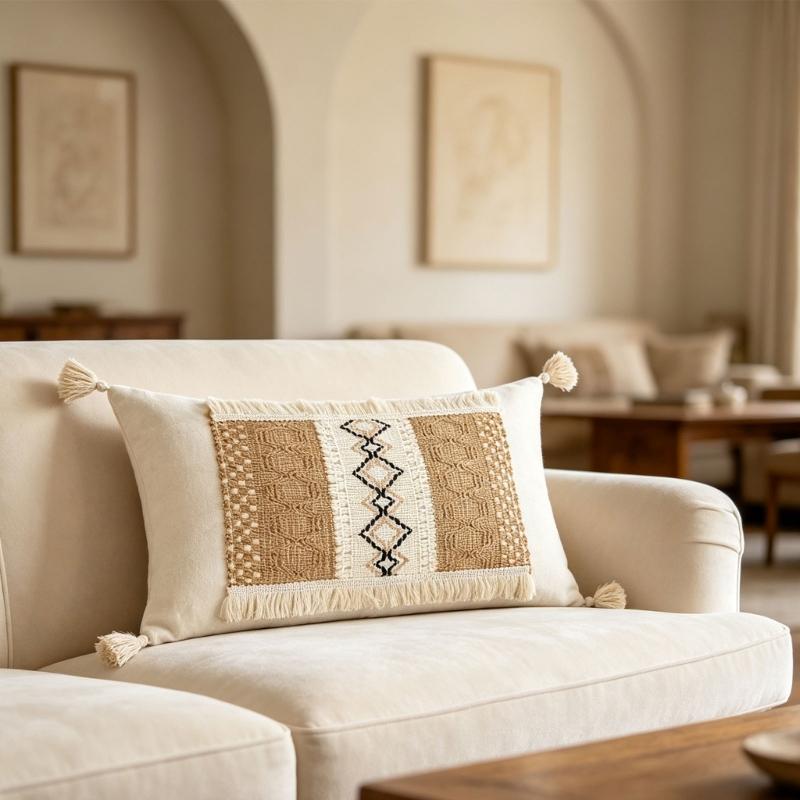 Tassels Throw Pillow Cover with Geometric Woven Texture, Neutral Farmhouse Cushion Cover for Living Room Bed Accent Decors