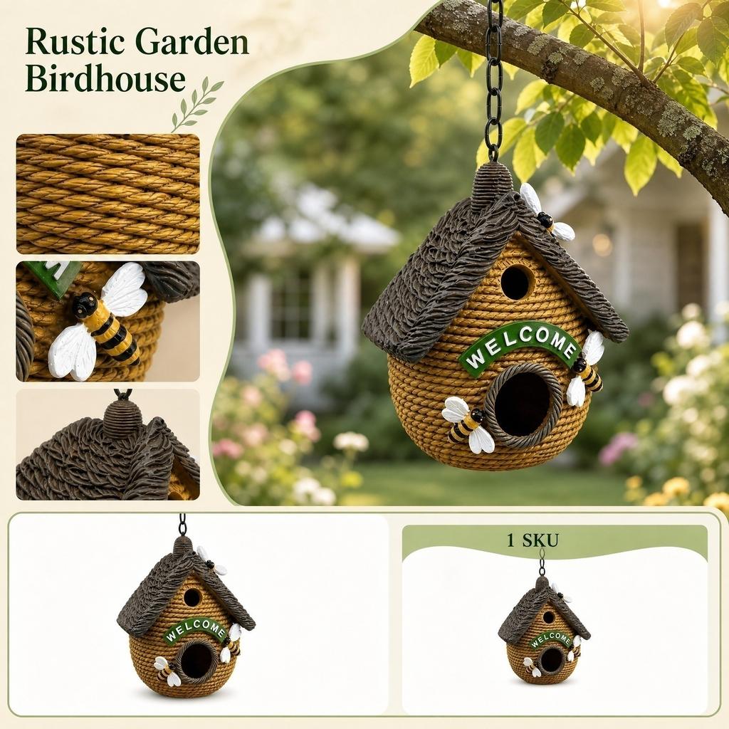 Outdoor Hanging Birdhouse with Hand-Painted Resin Bees Rustic Style Bird Nesting Box for Garden Patio Porch Decoration