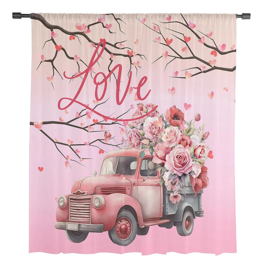 Valentine'S Day Love Truck Rose Branch Sheer Window Curtain Tulle Curtains for Livingroom Bedroom Hotel Home Decor Voile Drapes