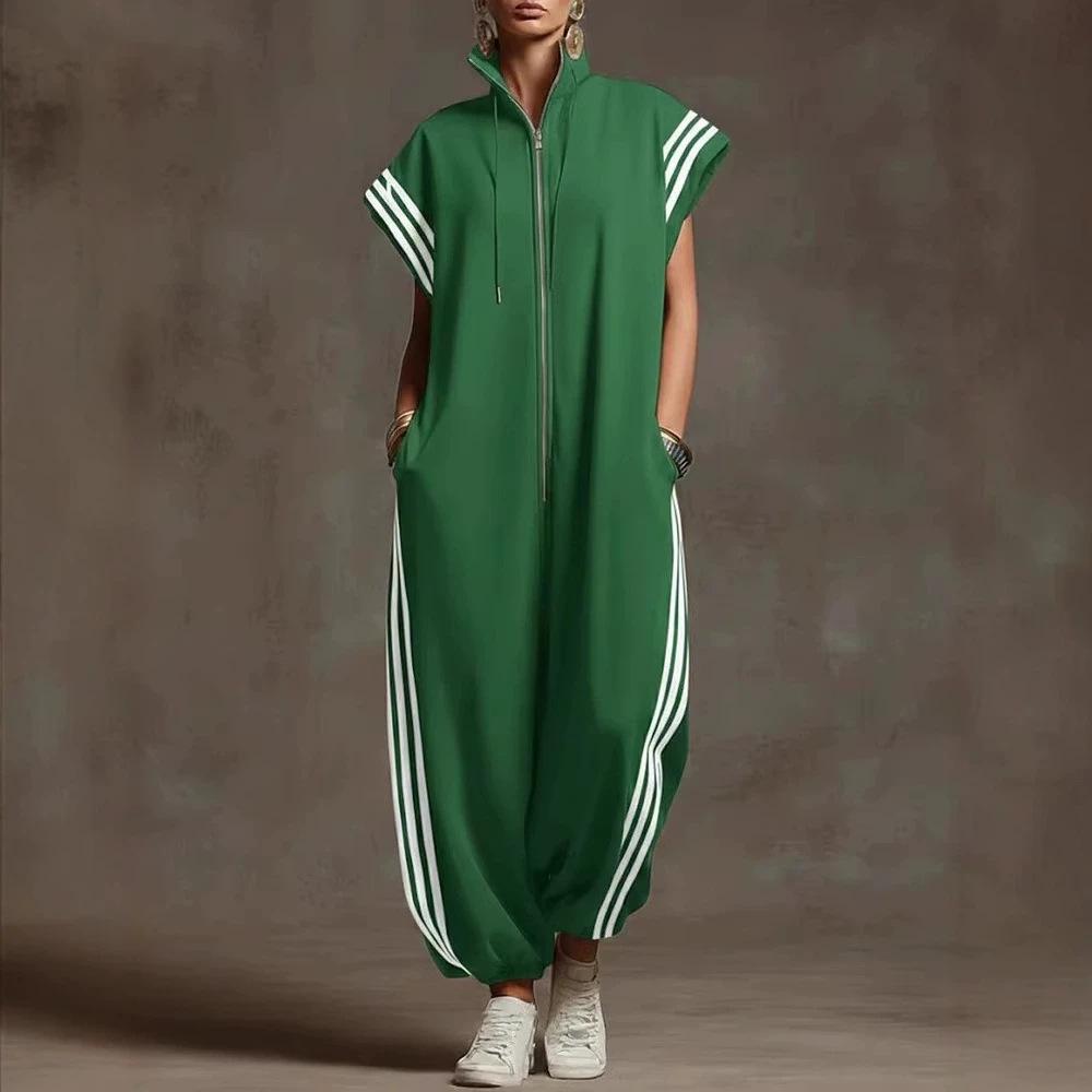 Nouveau Style Fermeture Éclair Col Montant Rayé Coordination de Couleurs Tendance Décontracté Coupe Ample Manches Courtes Pantalon Une Pièce pour Femmes