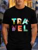 2026 New Arrival 100 Cotton Tshirt Travel Letter Split Landscape Hot Air Balloon Airplane Luggage Print Crew Neck Casual Tee