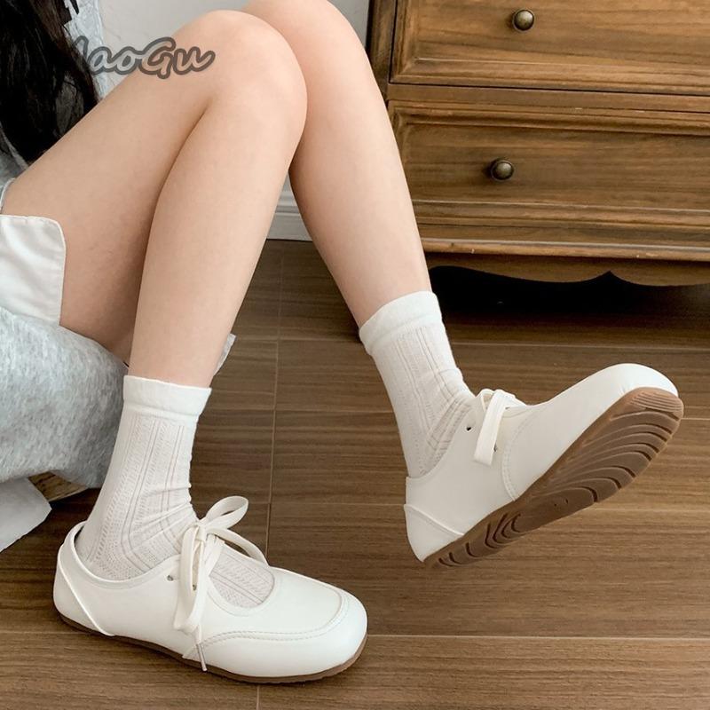Fashion White French Retro Ballet Flats for Women 2025 Spring Autumn Mary Jane Shoes Low Heel Pumps Lace Up Round Toe Bow Casual Shoes