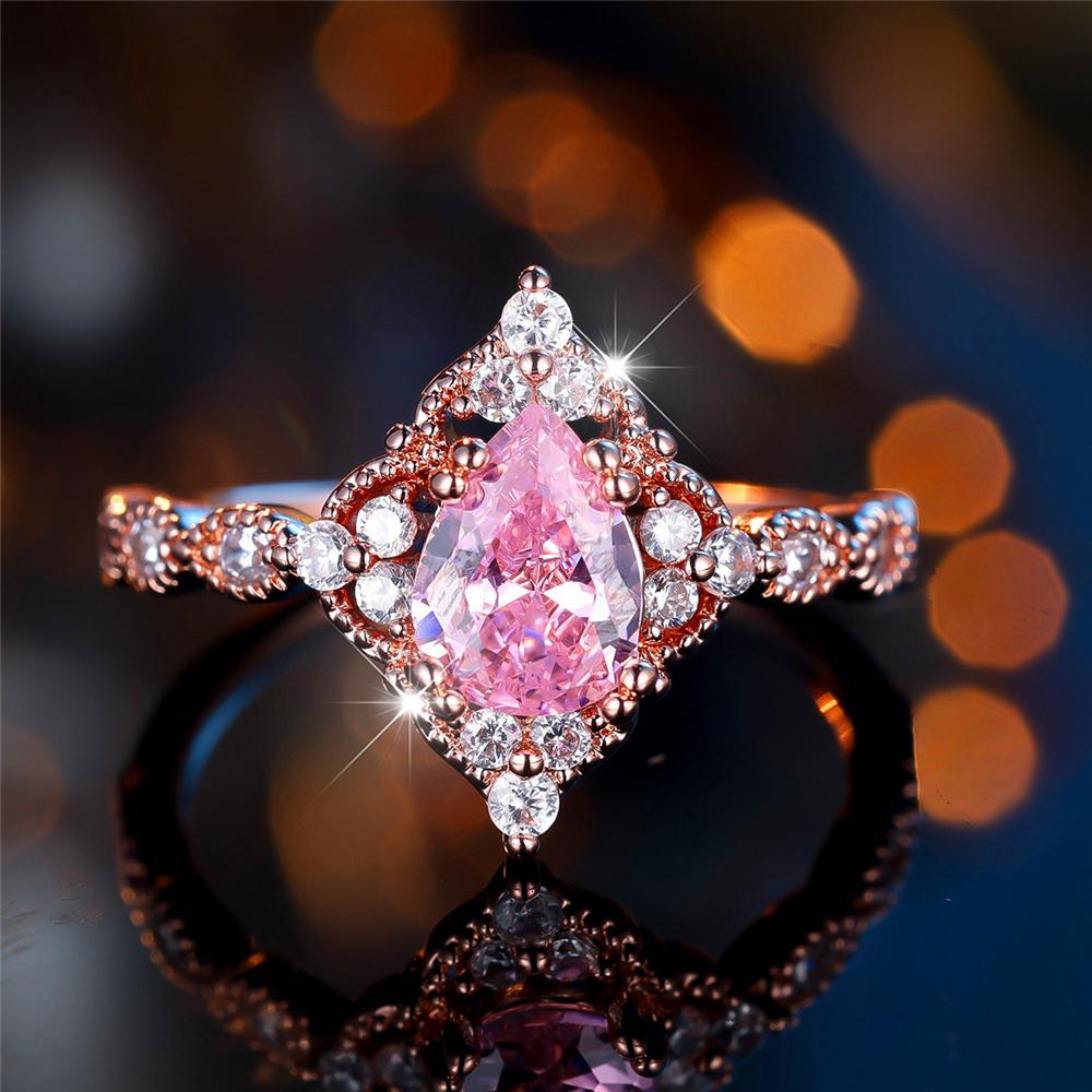 Trendy Pink Purpl Zircon Crystal Drop Stone Vintage CopperGold Color Wedding Bands Engagement Rings For Women Jewelry