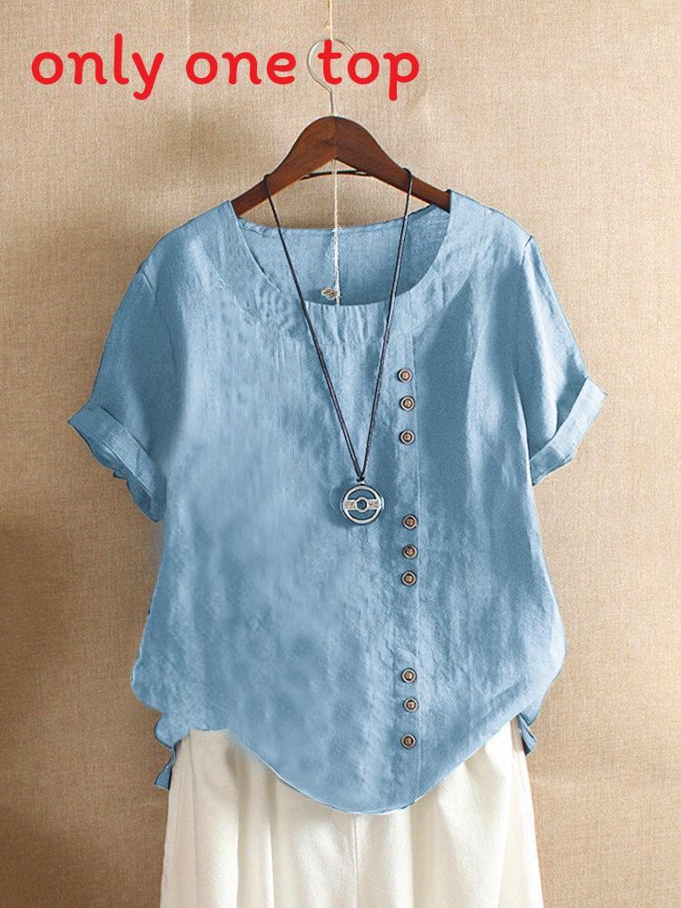 T-shirt in Cotone e Lino da Donna con Vestibilità Larga e Maniche Corte per Uso Casual