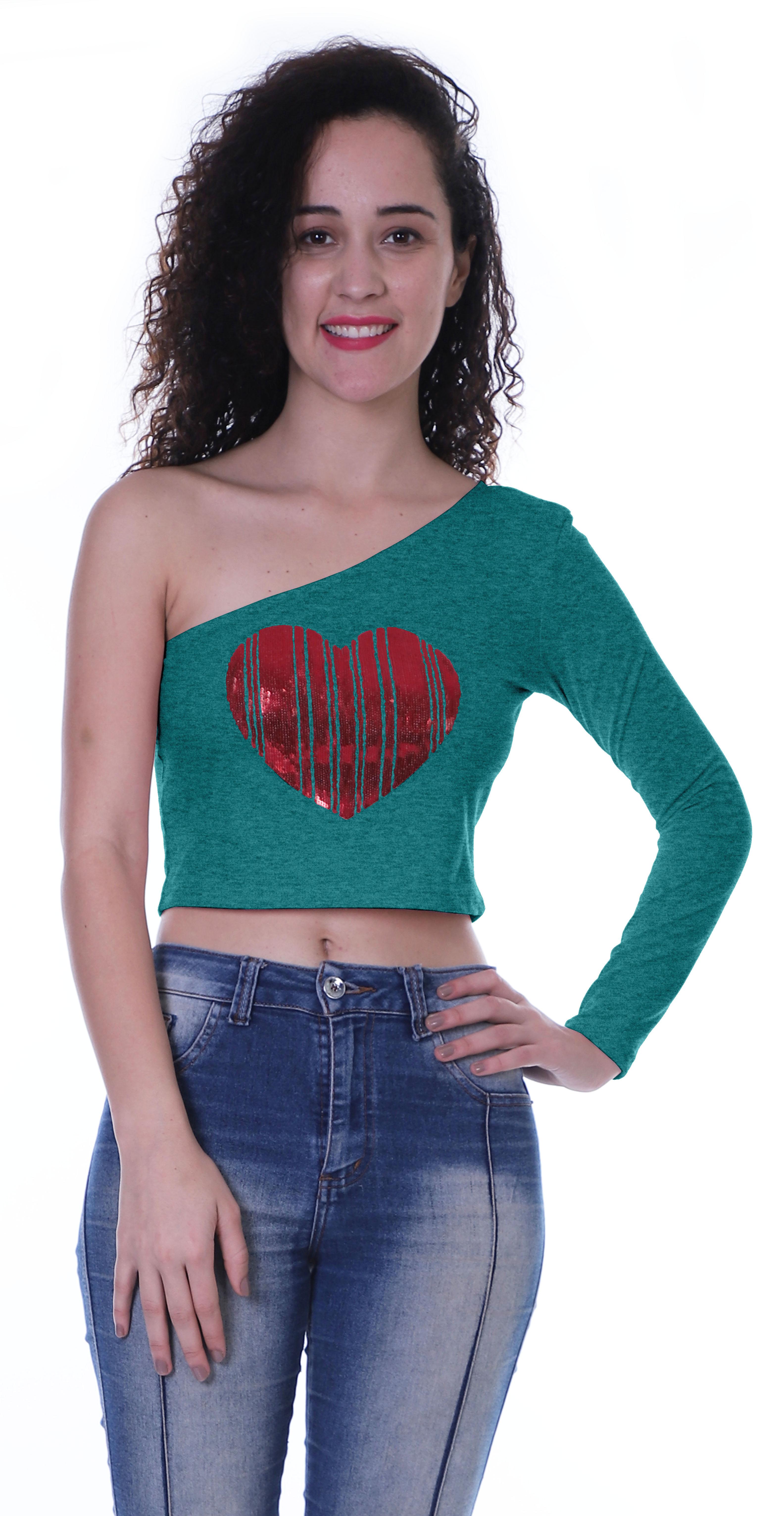 

Moomaya Womens One Shoulder Full Sleeve Crop Top w Sequin Heart Motif Patch Party XS чирок зелений колір