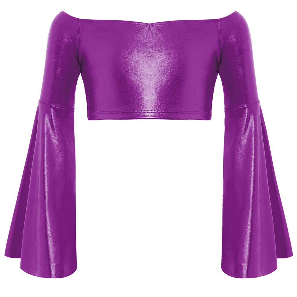 Flickors Prestanda Crop Top Lång Utställd Ärm Off Shoulder Metallisk Design Födelsedagsfest Toppar