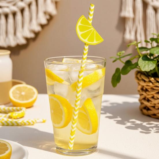 20 Stück Zitrusfrüchte Papierstrohhalme, Zitrone Orange Scheiben Deko Strohhalme für Geburtstagsparty, Einwegstrohhalme für Saft Cocktails