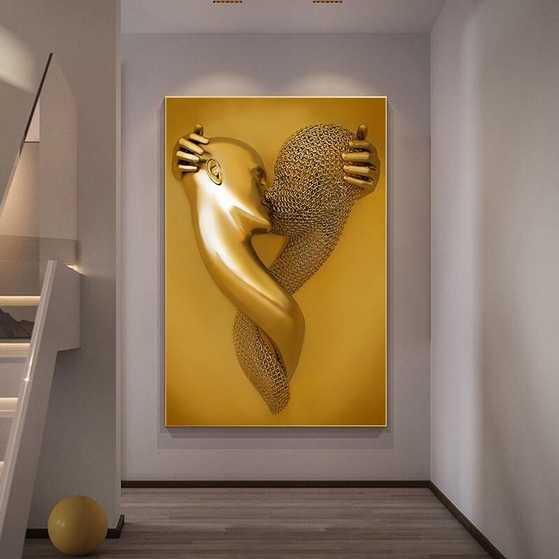 Abstract Gold Metal Figure Statue Minimalist Wall Art Print Canvas Painting Posters for Living Room Modern Home Decor