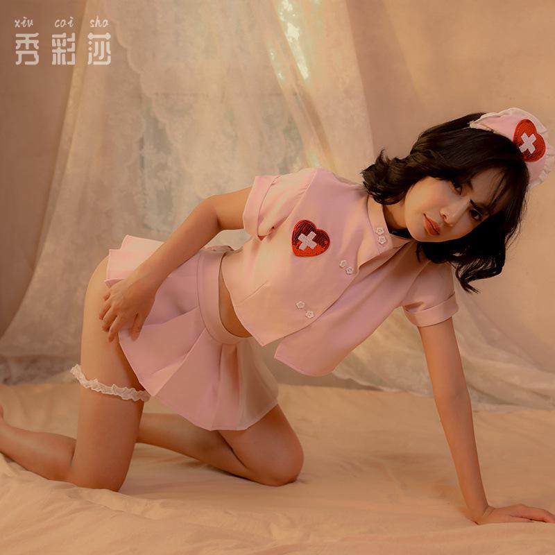 Sexy Dessous-Uniform Verführung Krankenschwester Cosplay Süßes durchsichtiges Oberteil Sexy Faltenrock geteilter Anzug
