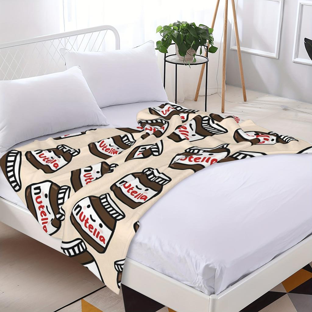 Cartoon Nutella Flannel Blanket - Hazelnut Spread | Soft Tear-Resistant | All-Season Home Decor & Playful Gift