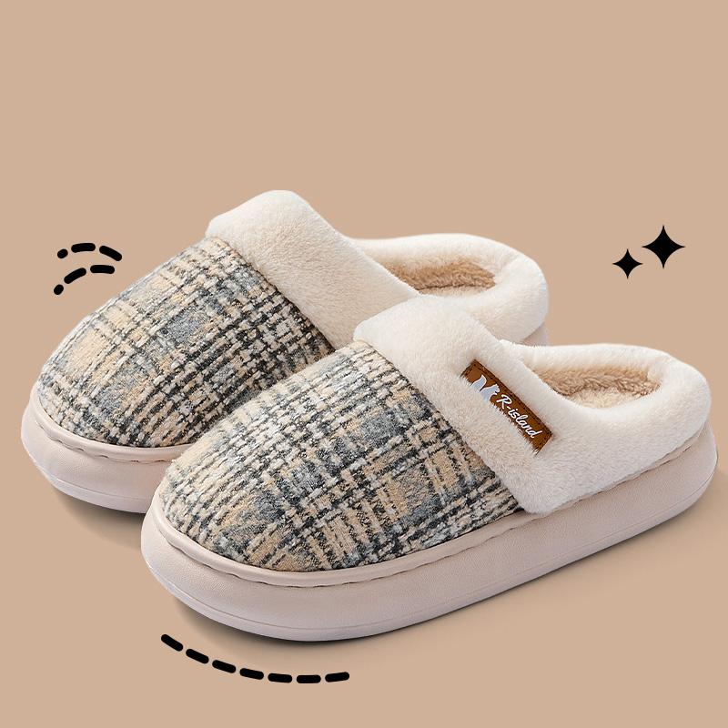 Women's Winter Warm Fur Slippers Stripe House Non Slip Shoes Comfort Flat Heel Home Indoor Bedroom Casual Plush Men Slippers
