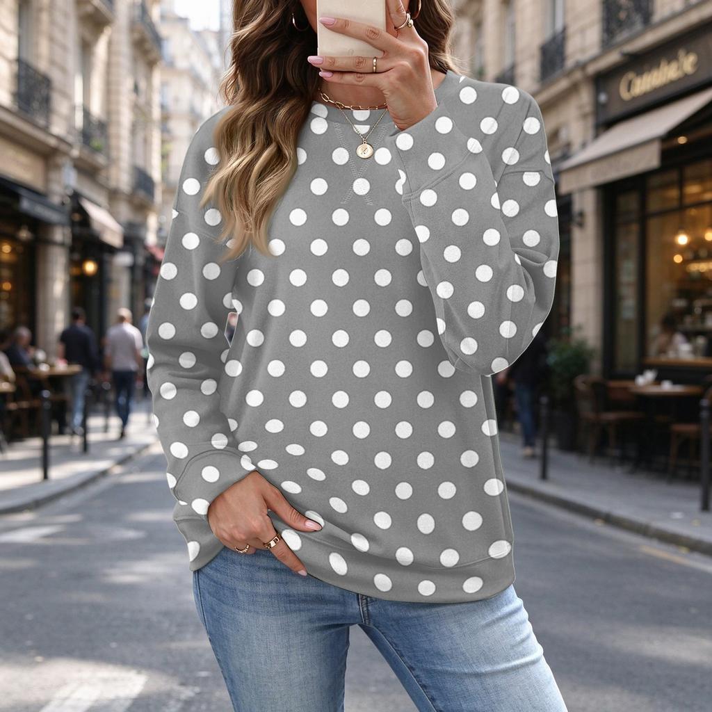 Women's Casual Polka Dot Christmas Print Top for Fall and Winter, Versatile Blouse