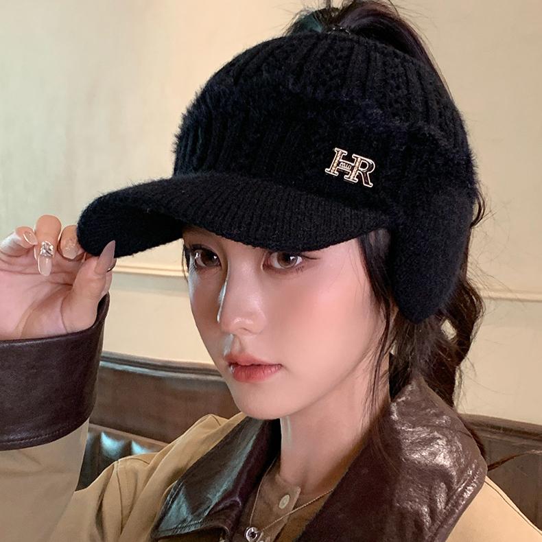 Autumn and Winter Knitted Empty Top Hat Letter Fleece Hat Women's Outdoor Cycling Windproof Warm Ear Hat