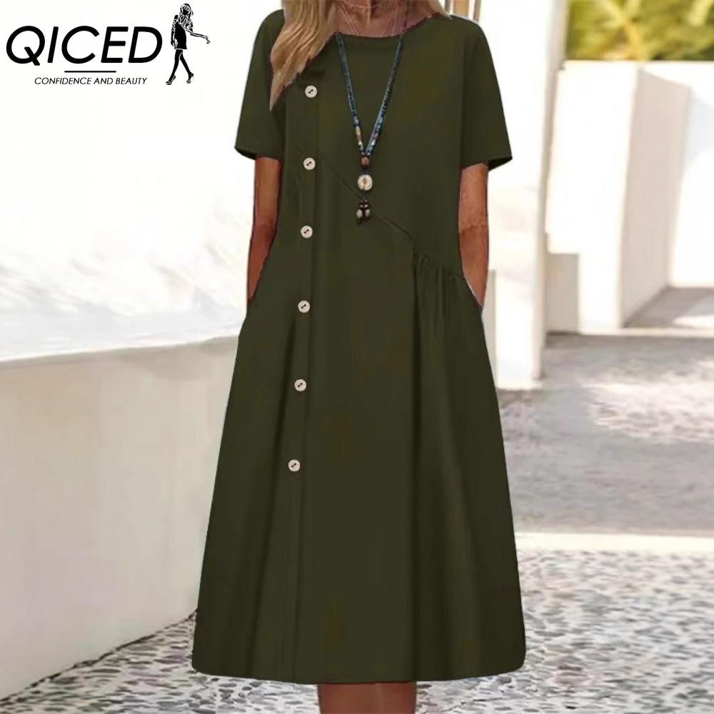 

QICED женские модные летние весенние однотонные повседневные платья с коротким рукавом и круглым вырезом с высокой талией и принтом XXXXXL армия зеленый