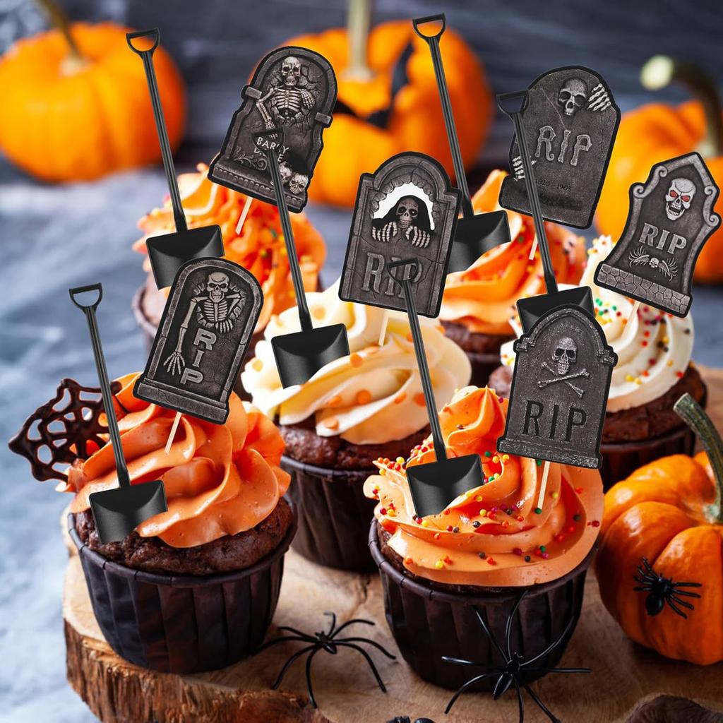 48Pcs Halloween Cake Toppers Tombstone Decorations Set for Halloween Party Spooky Cupcake Cookies Decorations