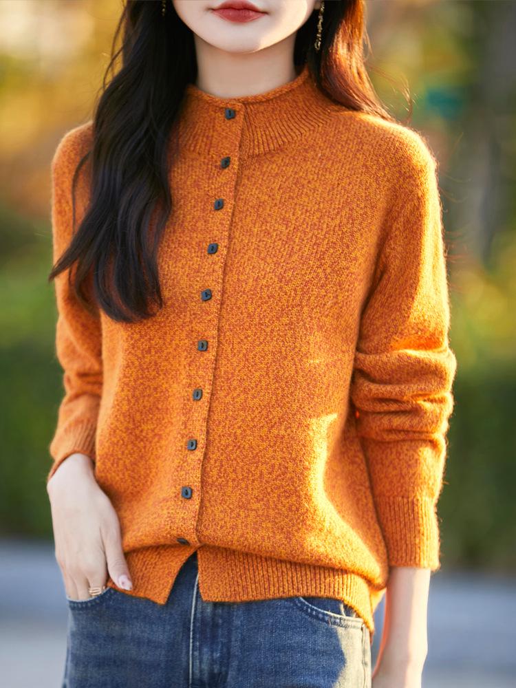 Heathered Wool Long Sleeve Rolled Edge Cardigan Sweater with Semi-High Neck 