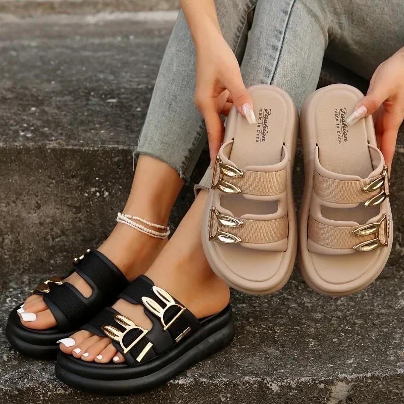 Damenschuhe 2024 Metalldekoration Täglich Runde Zehenpartie Plateau Pantoletten Sale Kleid mit Hängendes Riemchen Design Damen Hausschuhe