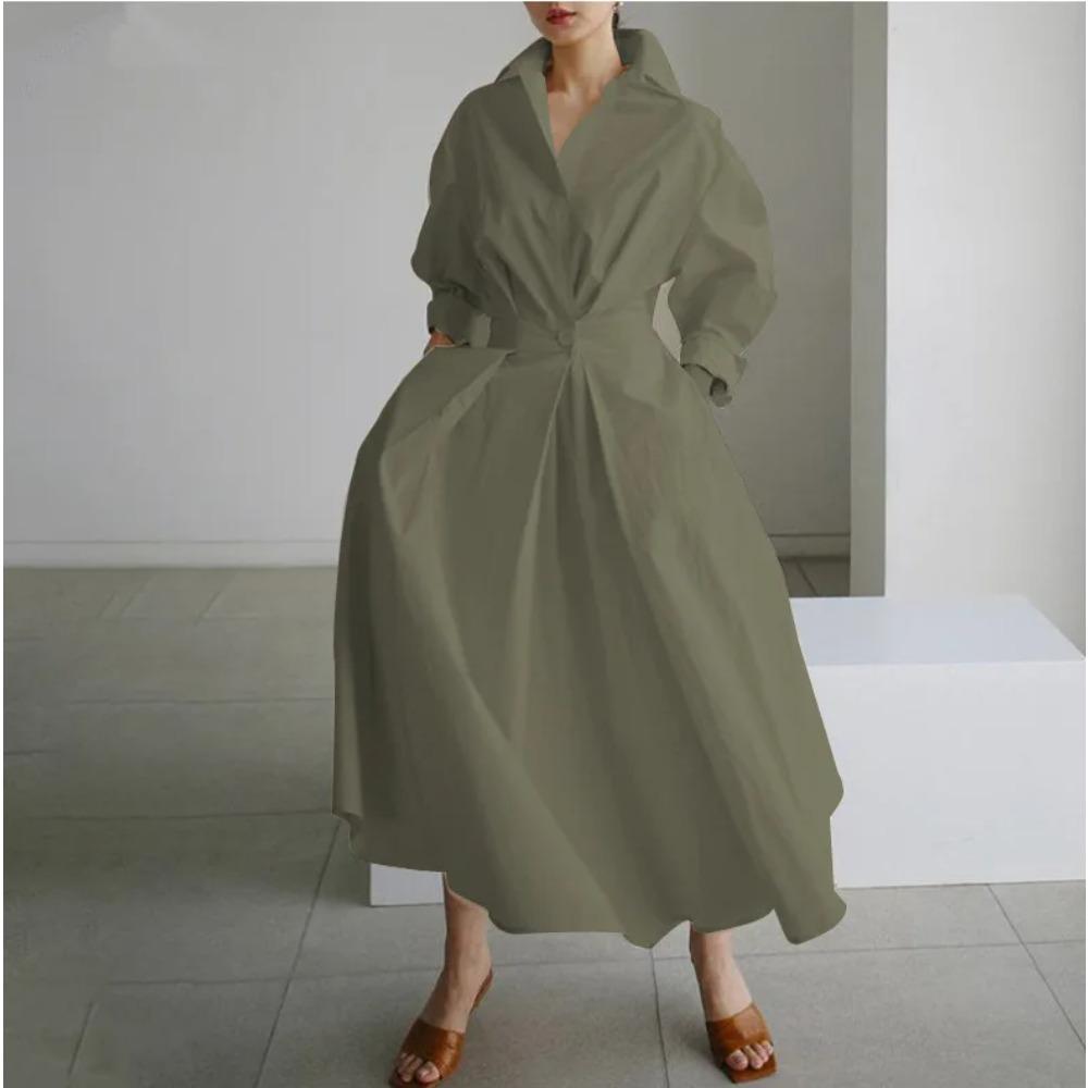 Elegant Women Spring Sundress Lapel Neck Long Sleeve Black Dress Solid Long Shirt Dress OL Vestidos Robe Streetwear