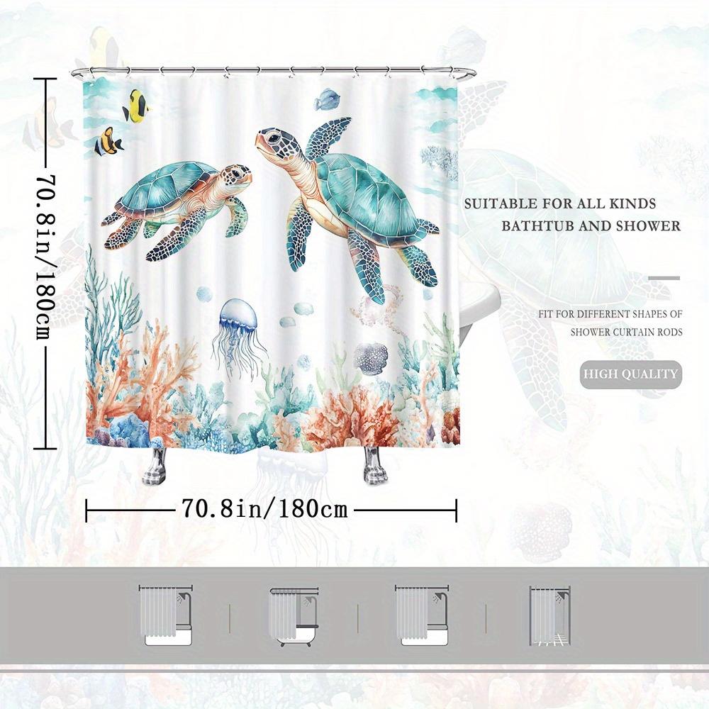 Sea Turtle Shower Curtain – Whimsical Underwater Scene With 2 Turtles, Coral Reef, Jellyfish & Fish On White, Waterproof