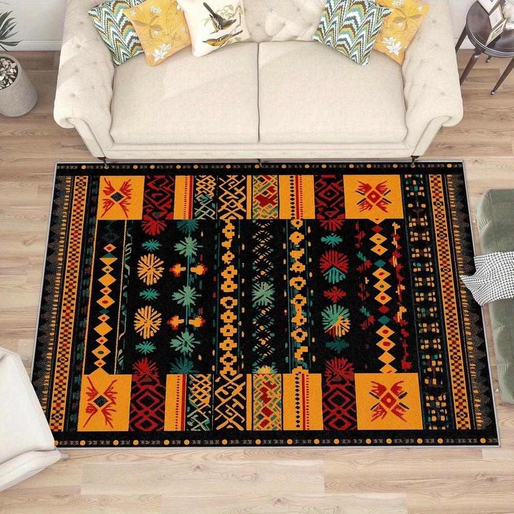Southwestern Tribal Area Mat - Aztec Geometric Pattern Machine Washable Non-Slip  Polyester Mat, Vibrant Bohemian Decor for