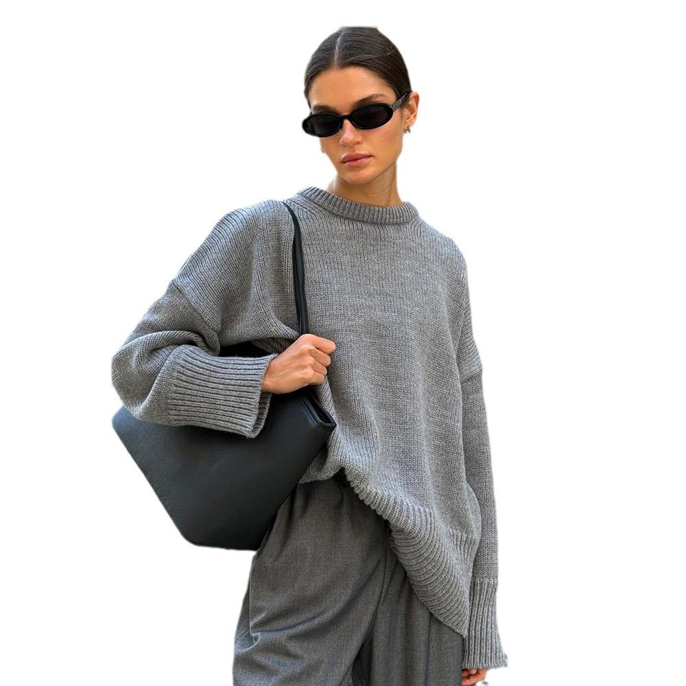 Langermede gensere for kvinner i overdimensjonert fall, rund hals Ribbestrikket Uformell myk genser genseroverdeler for kvinner Loose Fit Solid strikket genser
