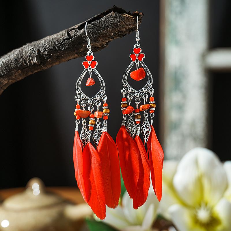 Bohemian Feather Long Drop Dangle Earrings For Women Enamel Heart Flower Irregular Stone Wooden Bead Handmade Earrings Jewelry