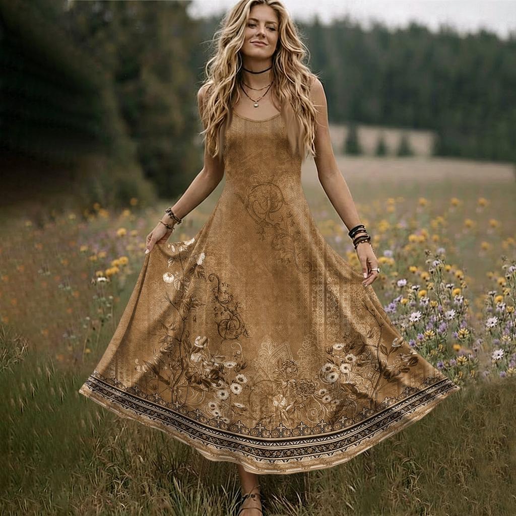 Women Sleeveless V Neck Maxi Dress Summer Bohemian Style Long Slip Dress with Embroidered Pattern and Adjustable Straps for Casual Wear