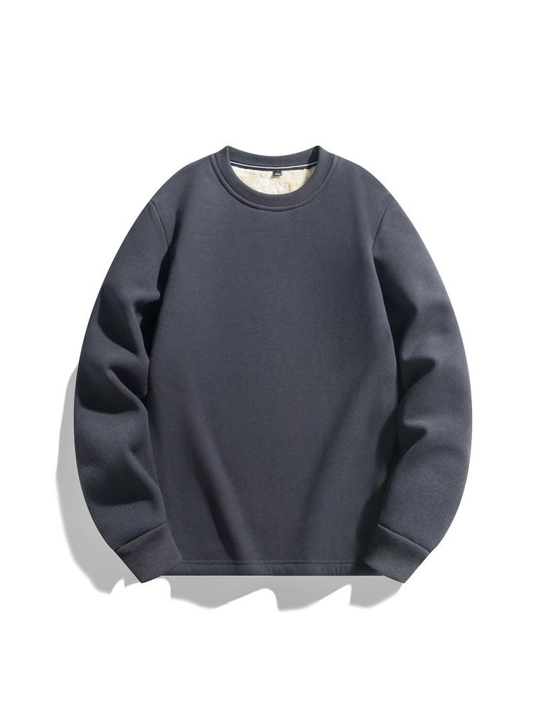 Men's Lambswool Round Neck Hoodie, Velvet-Lined, Thick, Long Sleeve, Warm Winter Top, No Hood