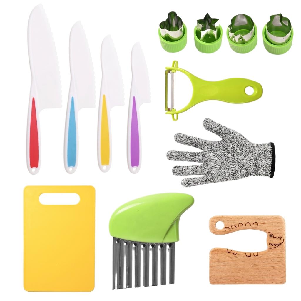 Children Kitchen Knife Set with Cutting Board Safety Glove Vegetable Peeler Crinkle Cutter and Fruit Shape Cutters for Kids Cooking Play Pretend