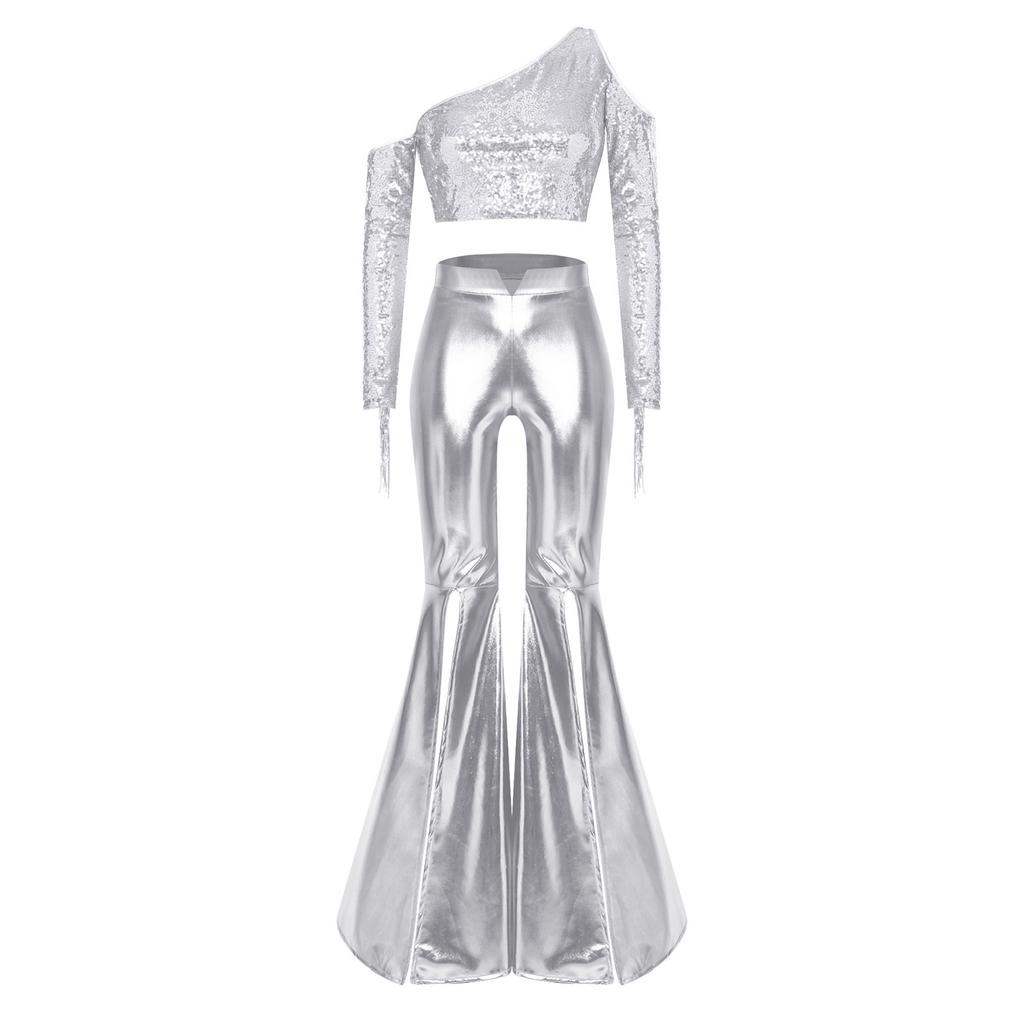 Women Disco Dance Outfit Cold Shoulder Long Sleeve Tassel Sequined Crop Top Metallic Shiny Flared Pants
