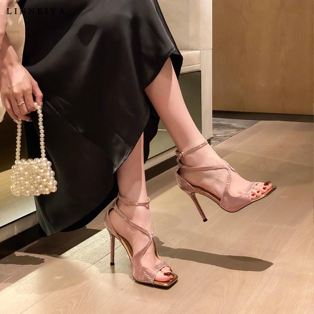 Open-toed sexy high heels sandals women's 2025 new fish mouth cross pink rhinestone square head summer fashion versatile