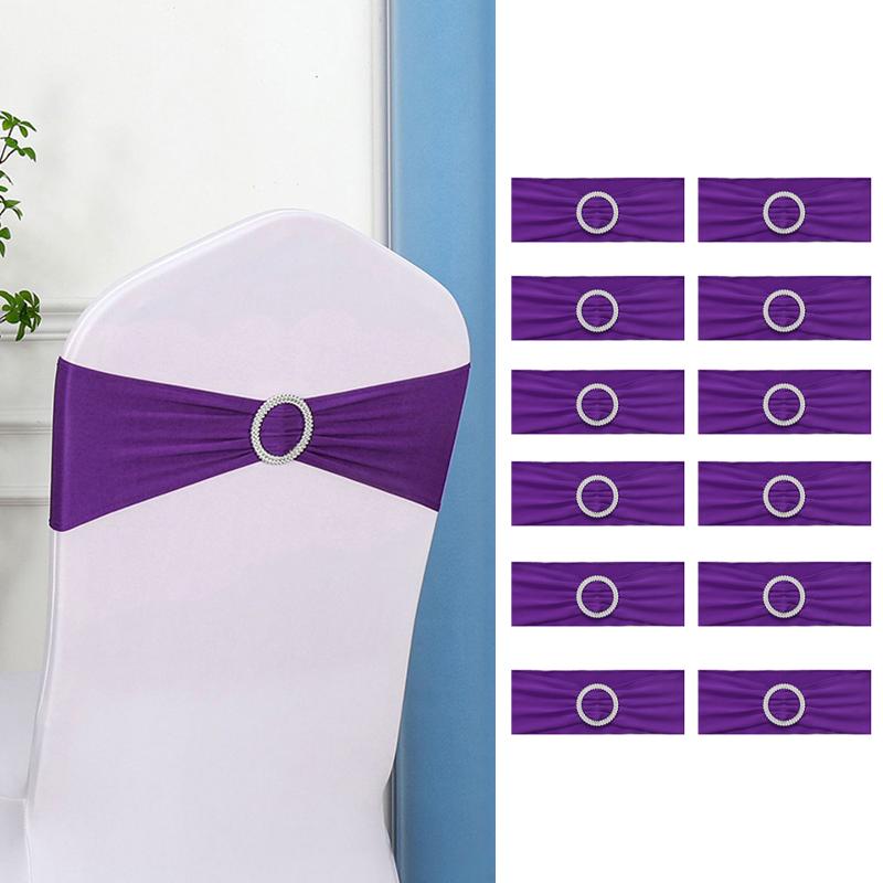 12 шт спандекс свадебный бант на стул с круглой пряжкой украшение для вечеринки мероприятия отеля эластичный узел растягивающийся ремень галстук фиолетовый 957₽