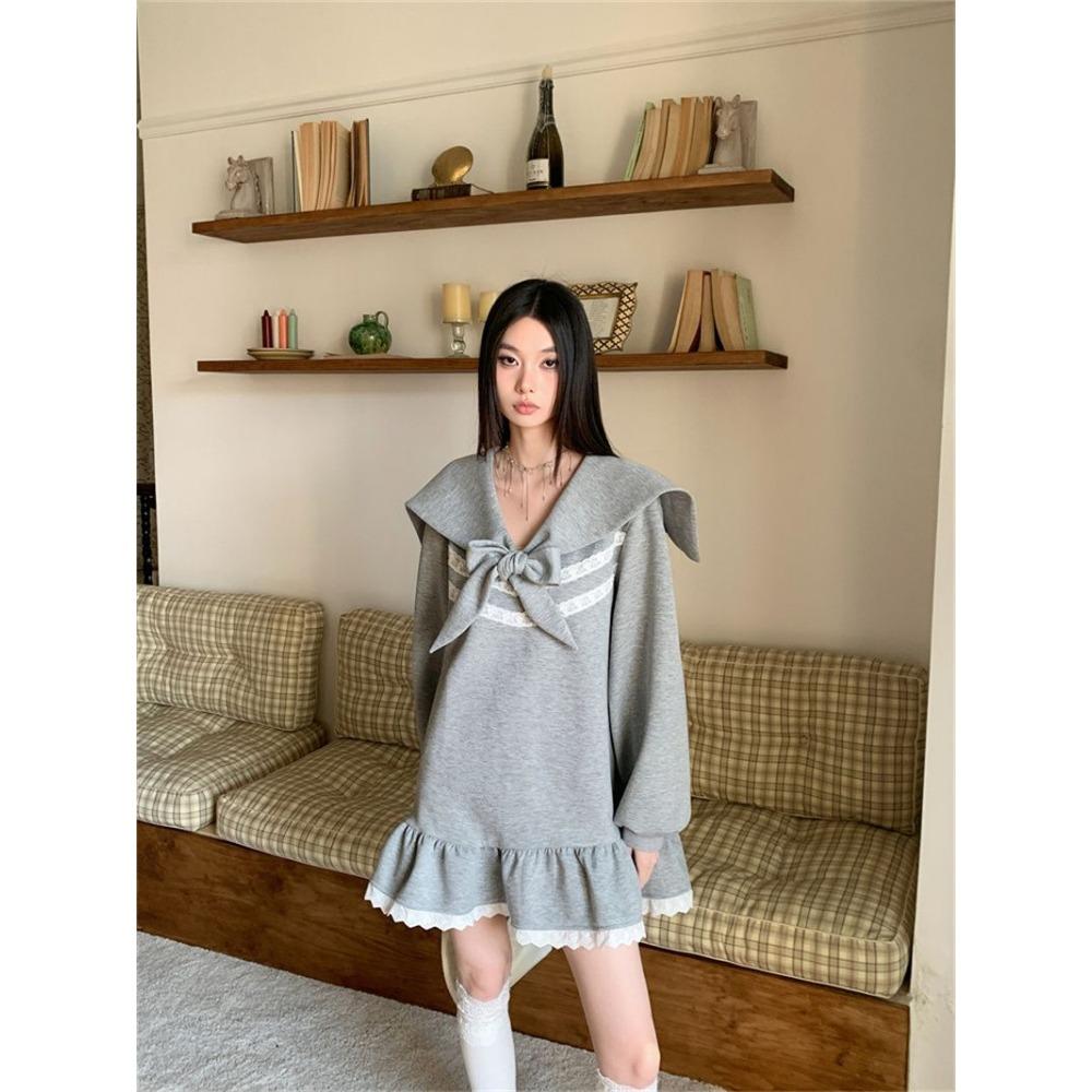 Sweet Preppy Style Mini Dress Female Clothing Fashion Lace Spliced Spring Autumn Sailor Collar Bandage Bow Basic Ruffles Dresses