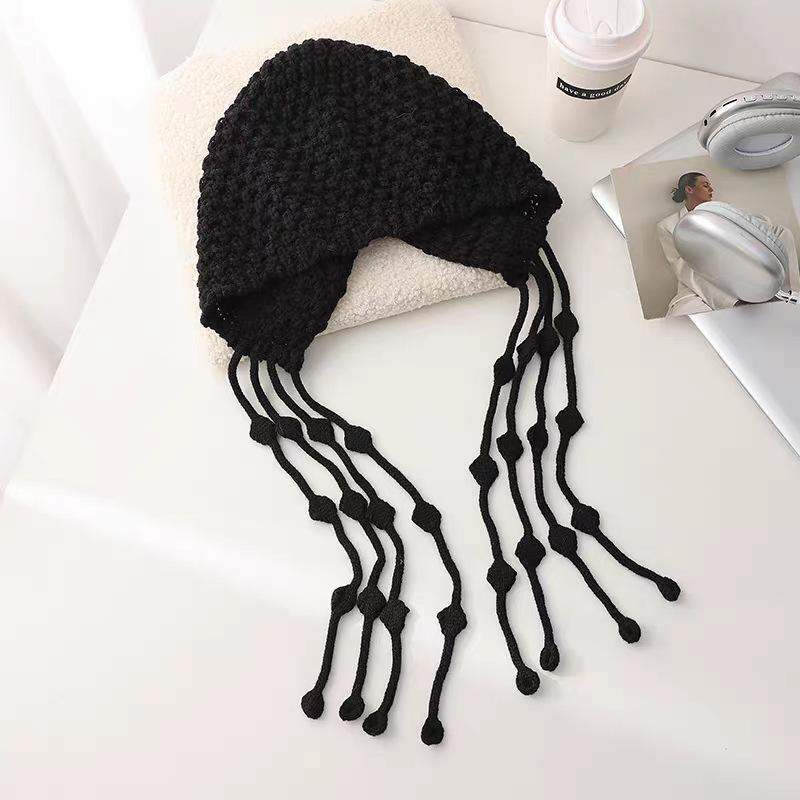 

Autumn and winter warm woolen hat, hand-knitted hollow-out headwrap hat for women, ethnic style tassel ear-protecting pullover knitted hat Adjustable