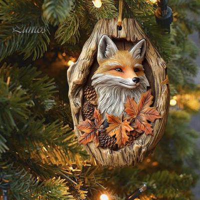Fox Christmas Ornament 2D Acrylic Forest Animal Hanging Decoration Fox In Tree Hole Holiday Ornament for Xmas Tree Animal Lovers Gift
