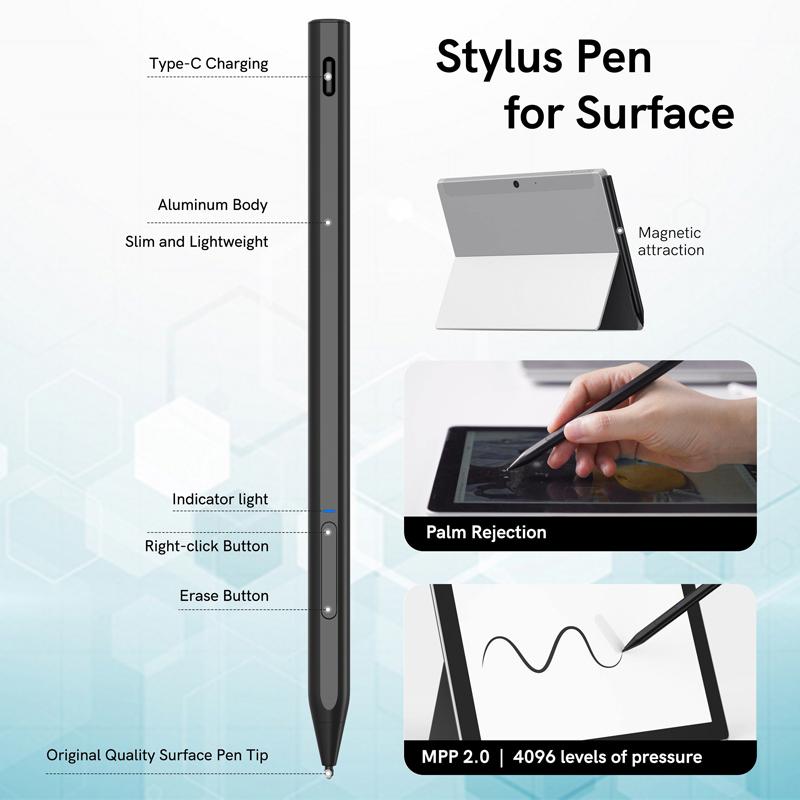 Mmp 2.0 Active Touch Pen for Microsoft Surface Pro 9 for Sony for Asus for Hp Dell Laptops Replaceable Tip Technology Stylus Pen