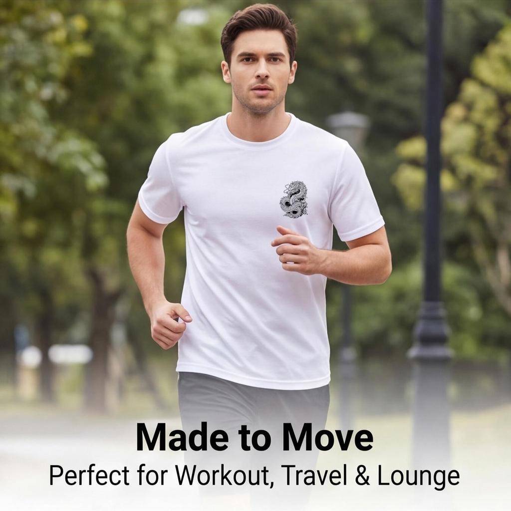 Dragon-patterned line drawing men's sports T-shirt, suitable for everyday wear, travel, and university commuting.