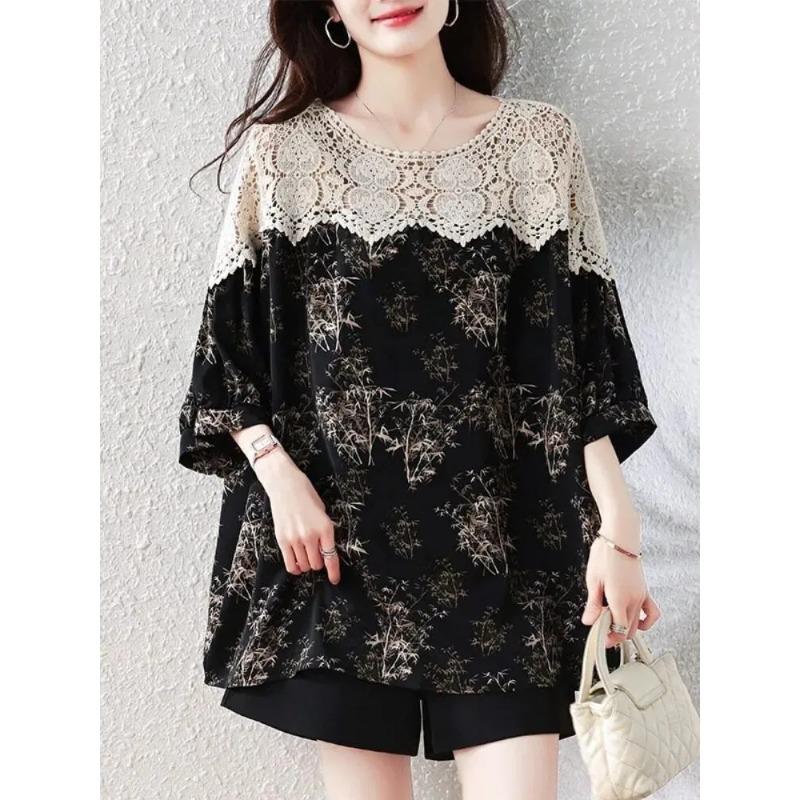 Women s Minimalist Aesthetic Black Bamboo Print Crochet Neckline Blouse M