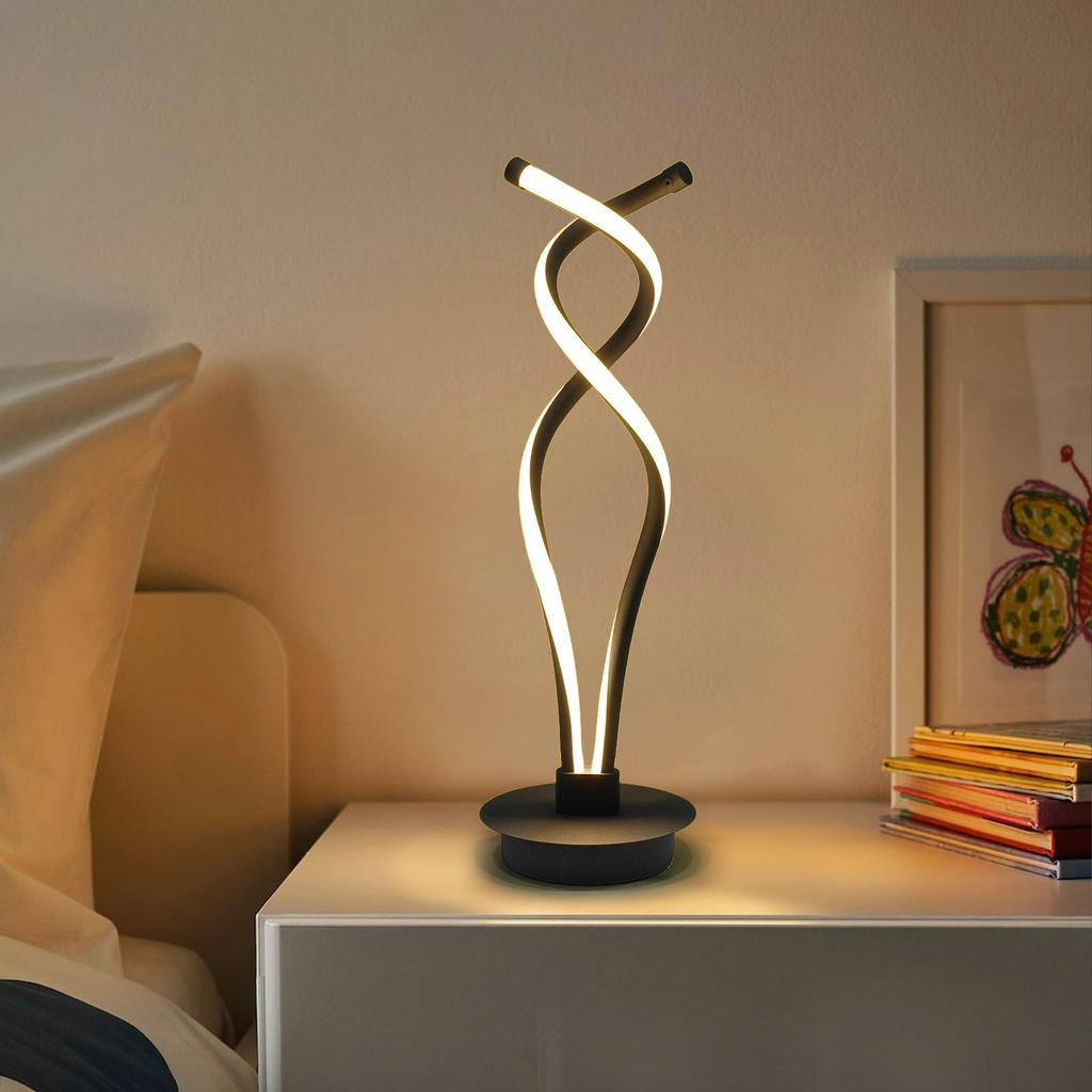 Bymaocar Modern Black Bedroom LED Spiral Table Lamp Bedside Desk Home Decoration Curved Light 6000K-6500K Low Energy Consumption