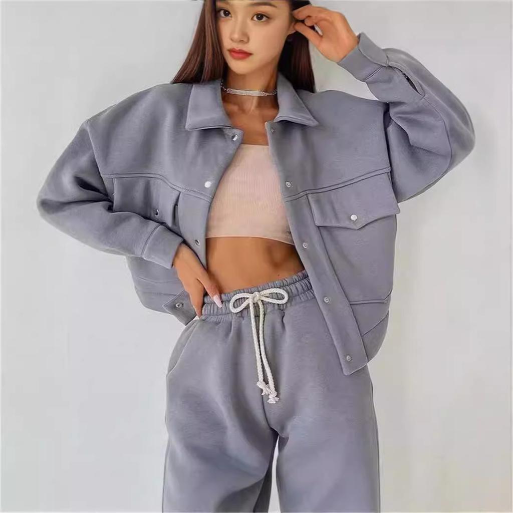 2024 European and American solid color women's single-breasted jacket top casual trousers women's suit jacket sweater pants two-piece set