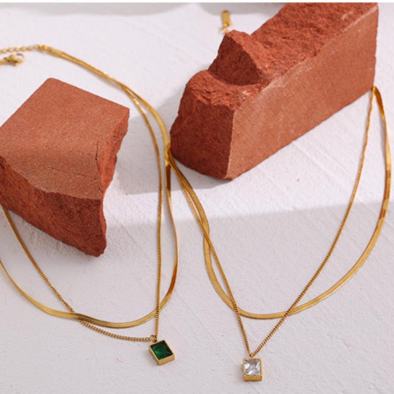 18K Gold Double Layer Snake Chain Necklace with Mini Square Crystal Pendant