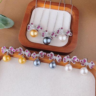 Pearl Set, Necklace, Earrings, Bow Shape, Purple Light Will Change Color, Red Corundum Light Luxury Women