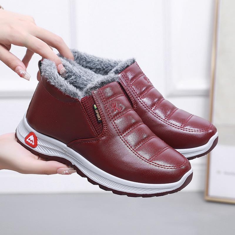 Winter New Couple Leather Cotton Shoes Piled Thickened Waterproof Dad Cotton Boots Mom Shoes Men's and Women's Snow Boots